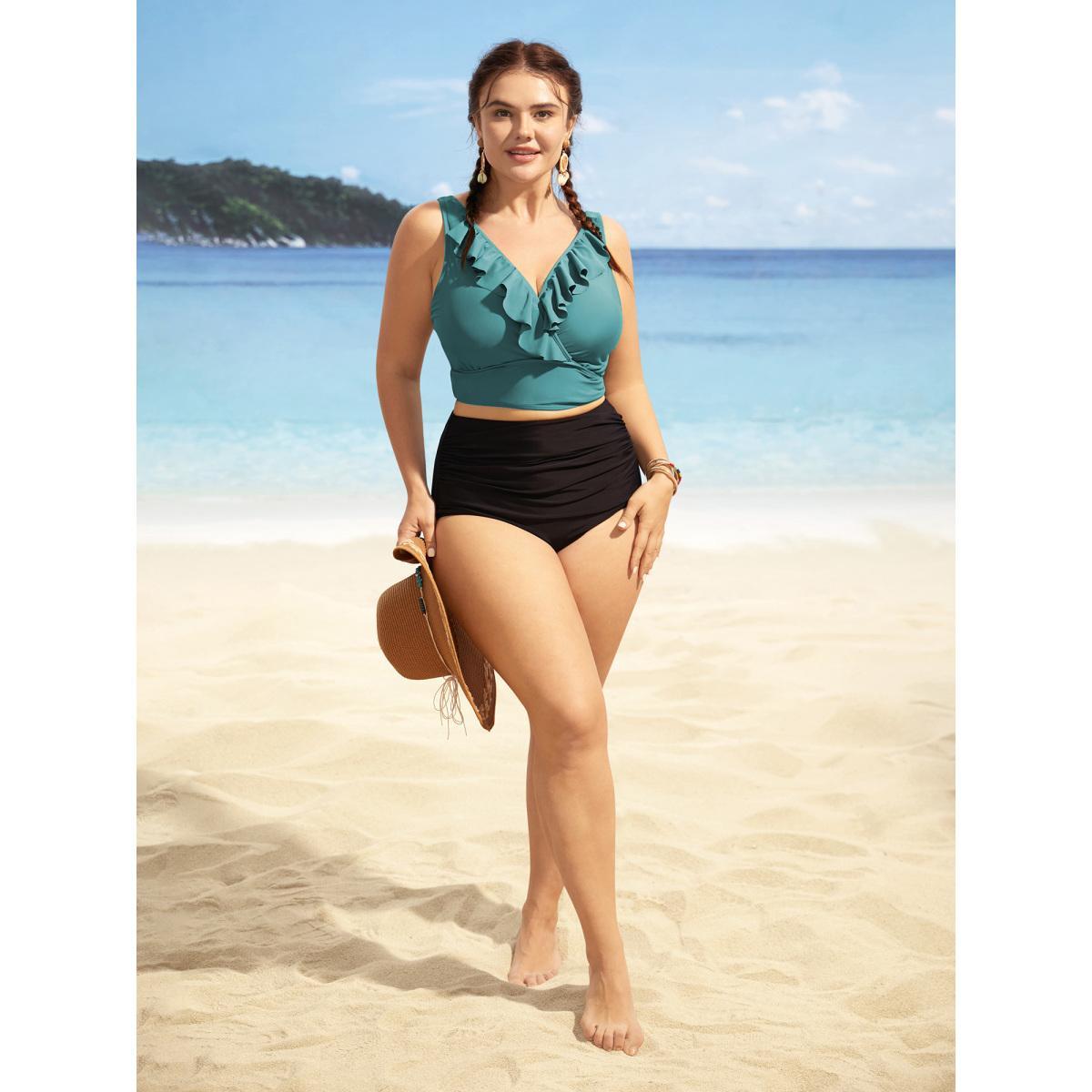 Plus Size Solid Ruffle Surplice Neck Trim Swim Top Women's Swimwear Teal Beach Ruffles High stretch Skinny Overlap Collar Curve Swim Tops BloomChic 10/M Product Image