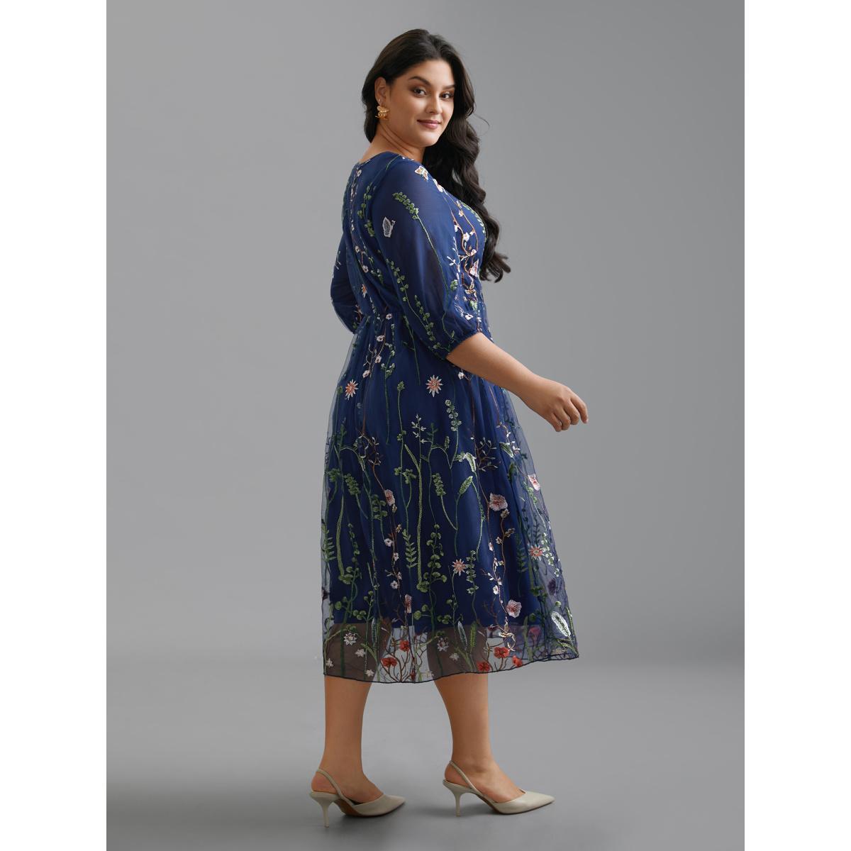 Plus Size Floral Embroidered Elastic Waist Lined Midi Dress Navy Women Cocktail Texture Party Curvy Bloomchic 30/6X Product Image