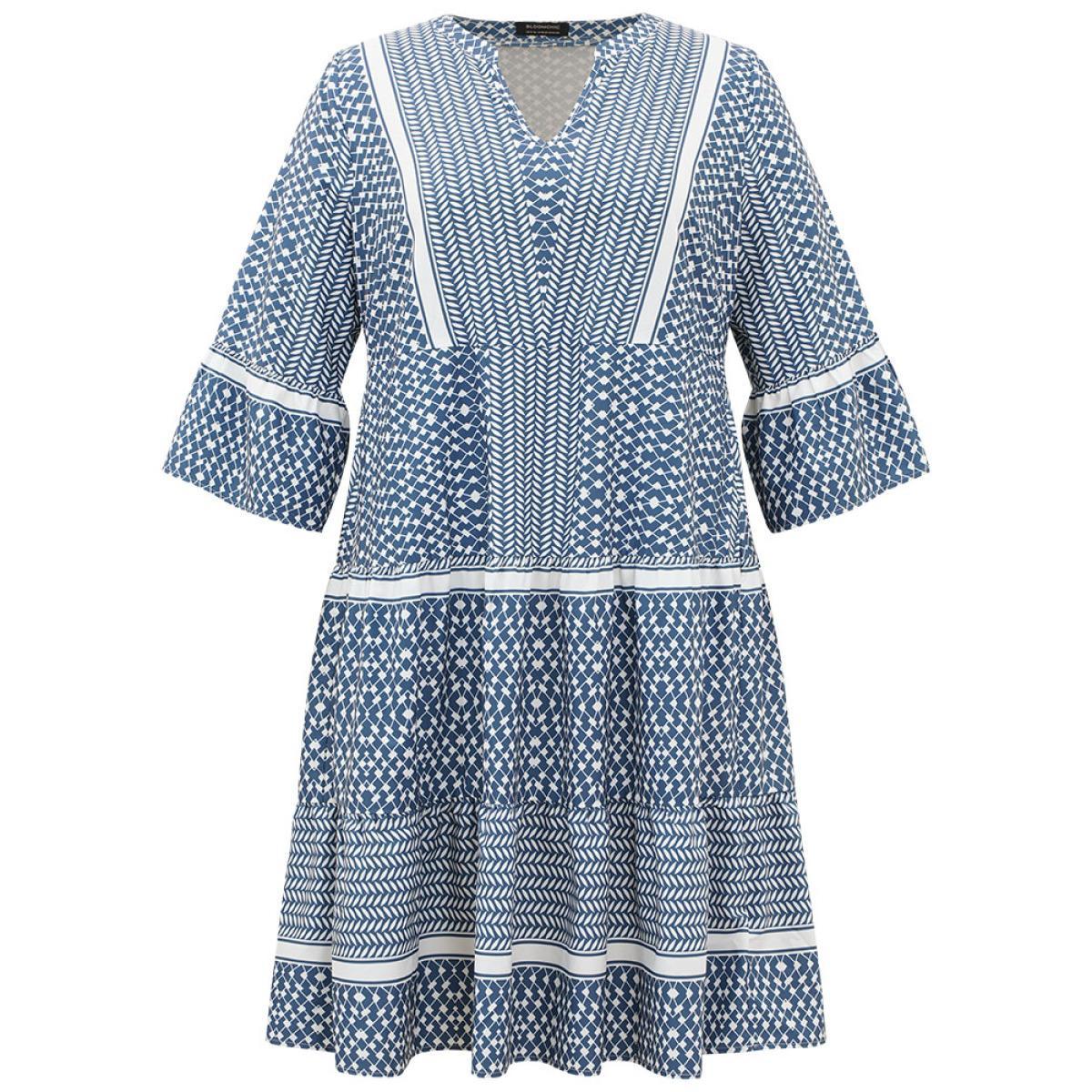 Plus Size Bandana Print Notched Pocket Patchwork Dress Stone Women Vacation Gathered Notched collar Elbow-length sleeve Curvy Midi Dress BloomChic 28/5X Product Image