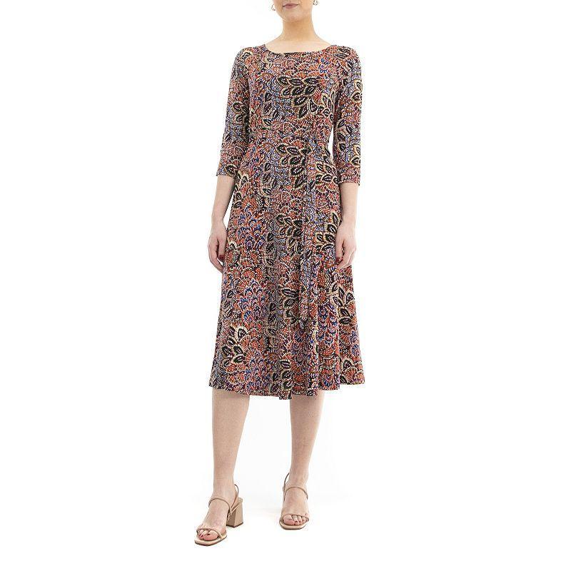 Womens Nina Leonard Belted 3/4 Sleeve Print Midi Dress Dusty Pink Product Image