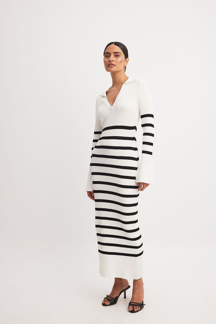 Striped Rib Knitted Trumpet Sleeve Dress Product Image
