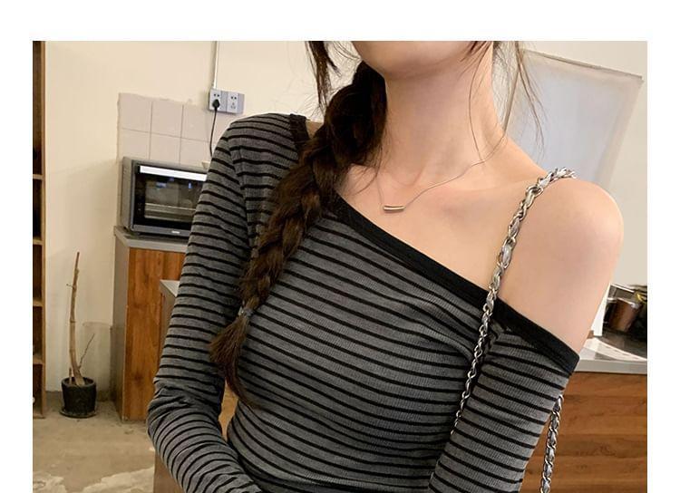 Long Sleeve One Shoulder Striped Tee Product Image