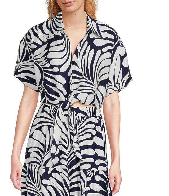 Lucy Paris Emily Woven Printed Collared V-Neck Short Sleeve Tie Front Coordinating Top Product Image