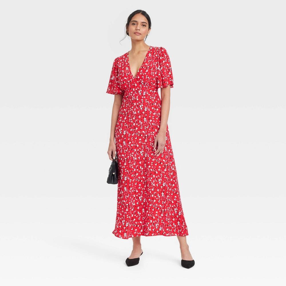 Womens Short Sleeve Maxi Sundress - A New Day Red Floral 2: V Neck, Flutter Sleeve, Side Zipper Product Image
