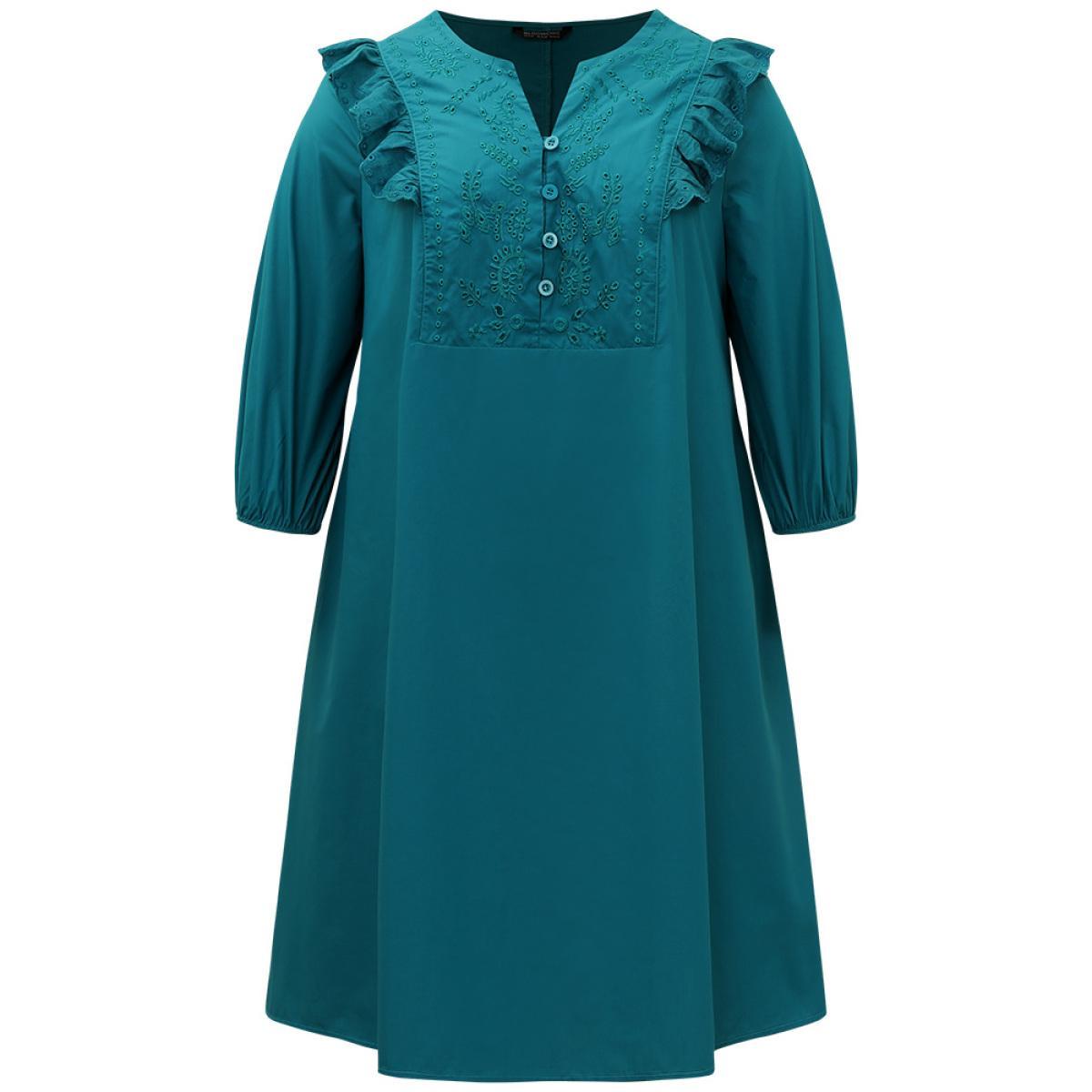 Plus Size Plain Ruffle Trim Lantern Sleeve Dress Cerulean Women Vacation Elastic cuffs Notched collar Elbow-length sleeve Curvy Midi Dress BloomChic 14-16/1X Product Image