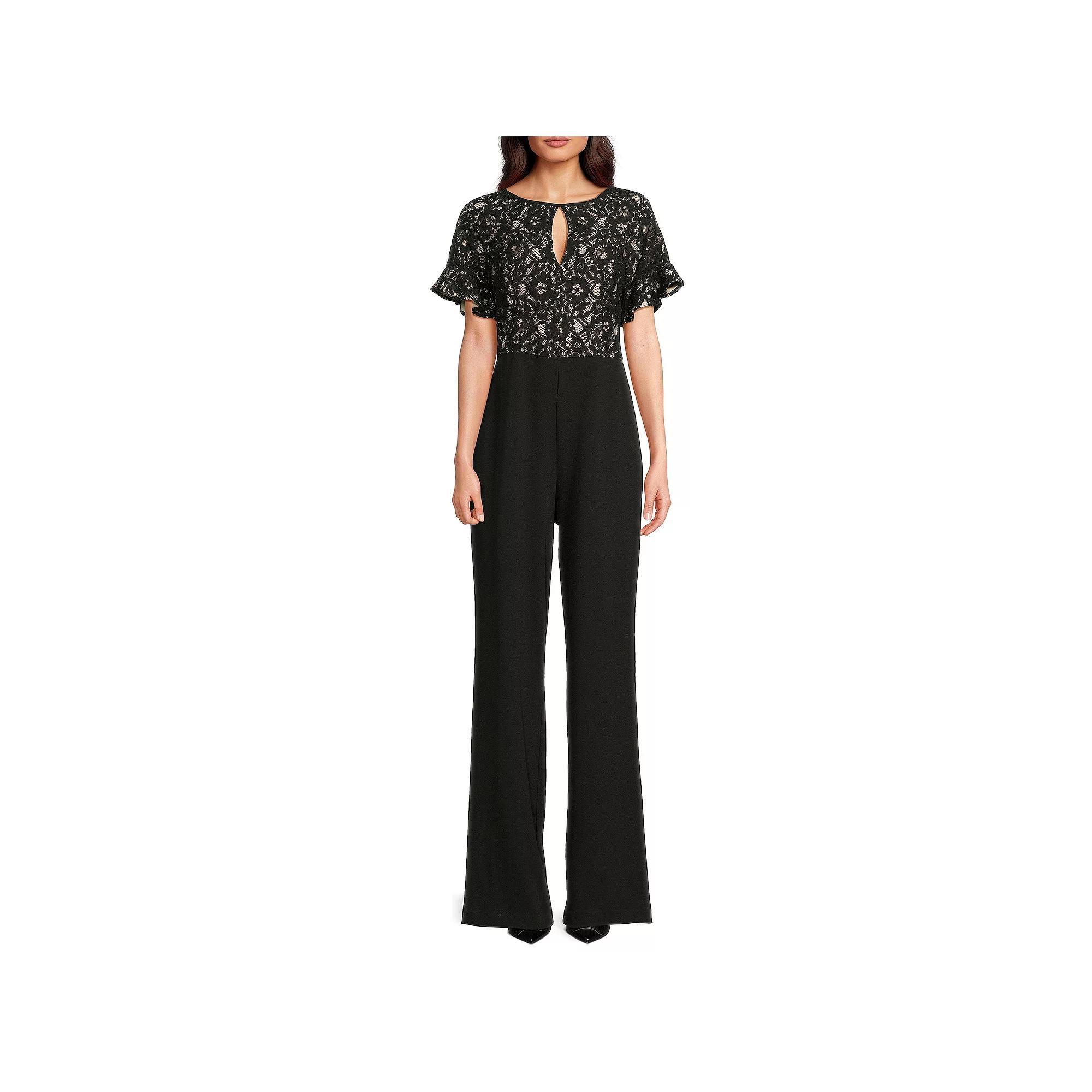 Women's Focus By Shani Ruffle Sleeve Lace Jumpsuit, Size: 6, Black Nude Product Image