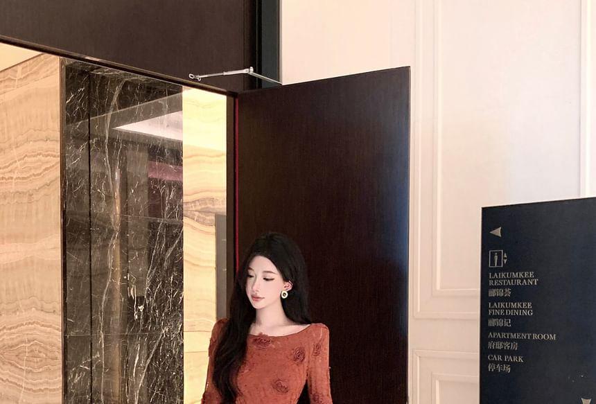 Set: Long-Sleeve Boat Neck Floral Maxi A-Line Dress + Slipdress Product Image