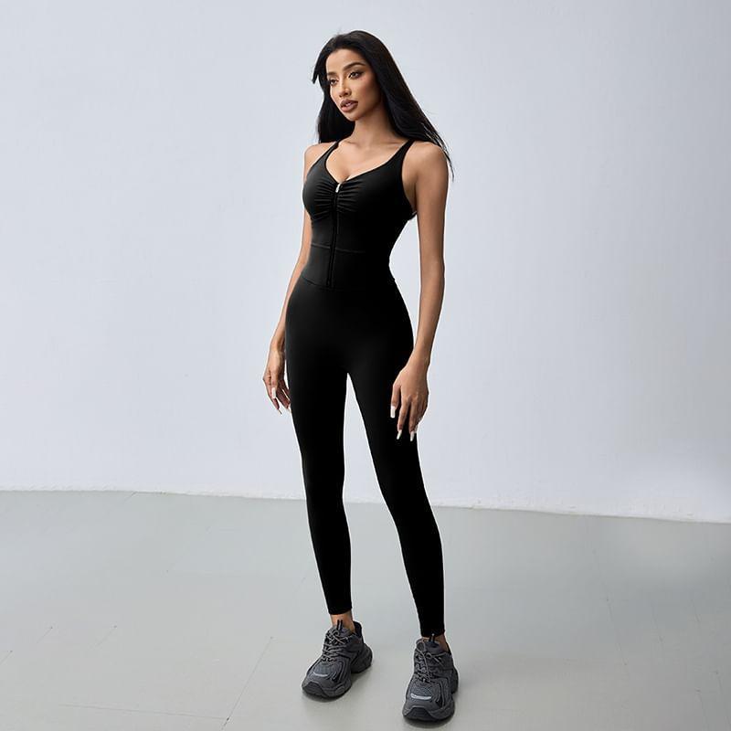 Sleeveless V-Neck Plain Ruched Zip Yoga Jumpsuit Product Image