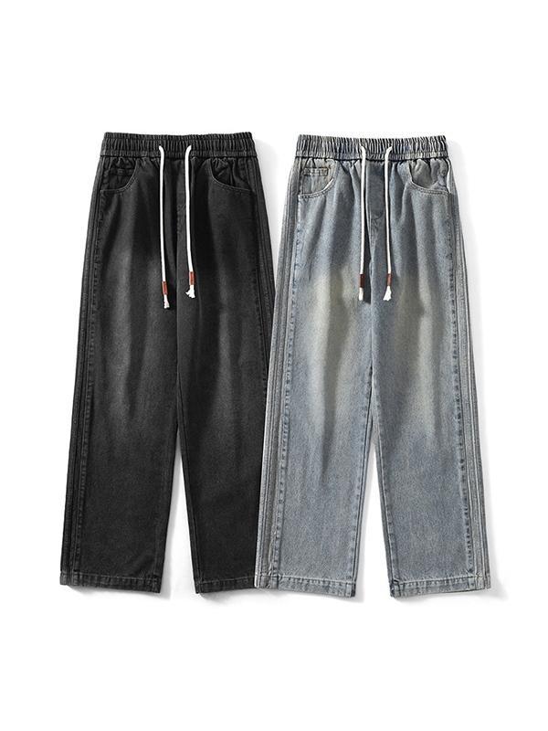 Men's Vintage Wash Elastic Waist Drawstring loose Jeans Product Image