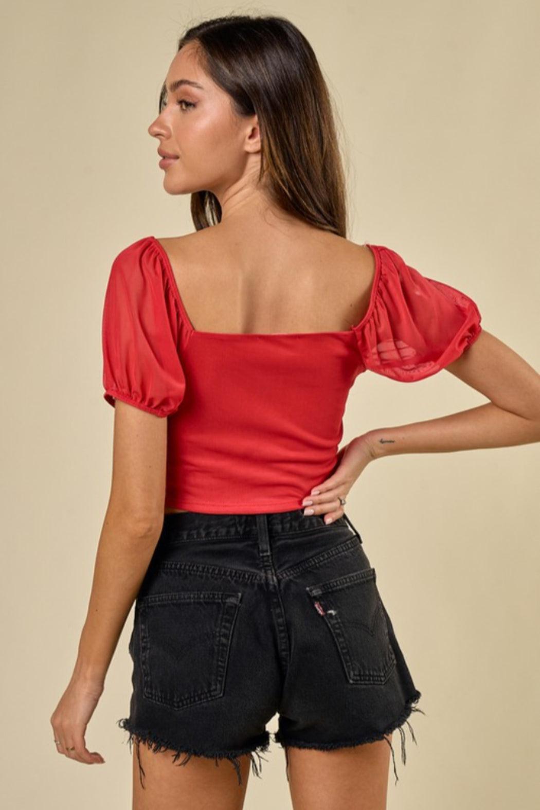 Red Short Puff Sleeve Mesh Top Female Product Image