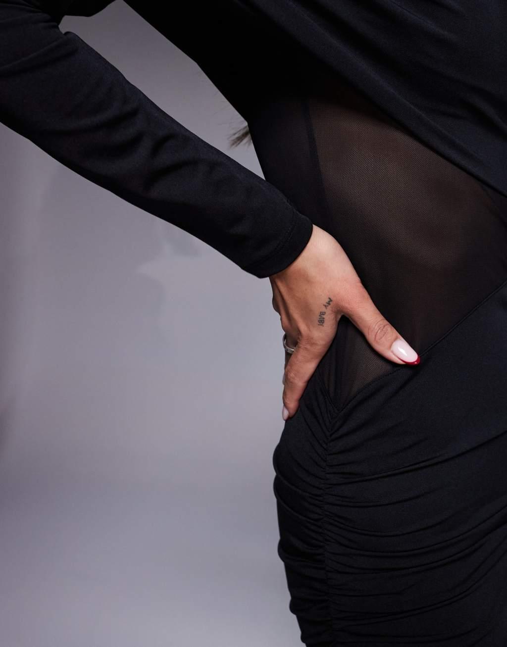 ASOS DESIGN asymmetric one shoulder maxi dress with mesh cut out in black Product Image
