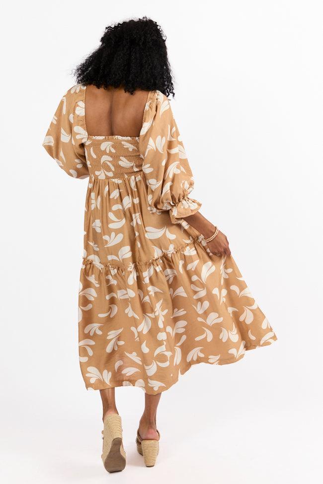 Swing Of Things Neutral Printed Smocked Midi Dress SALE Product Image