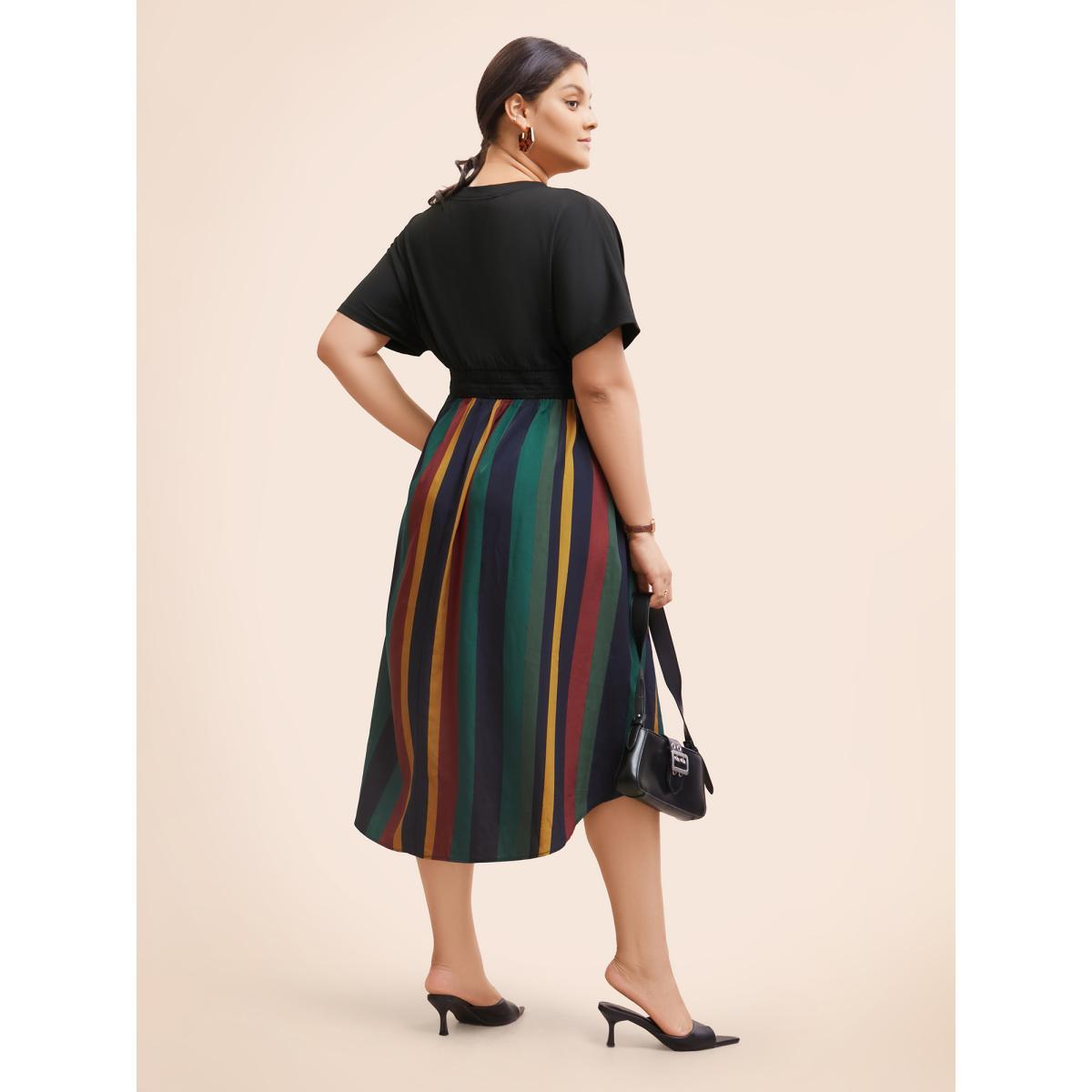 Plus Size Striped Overlap Collar Shirred Midi Dress Black Women Workwear Essentials Patchwork Overlap Collar Short sleeve Curvy BloomChic 22-24/3X Product Image