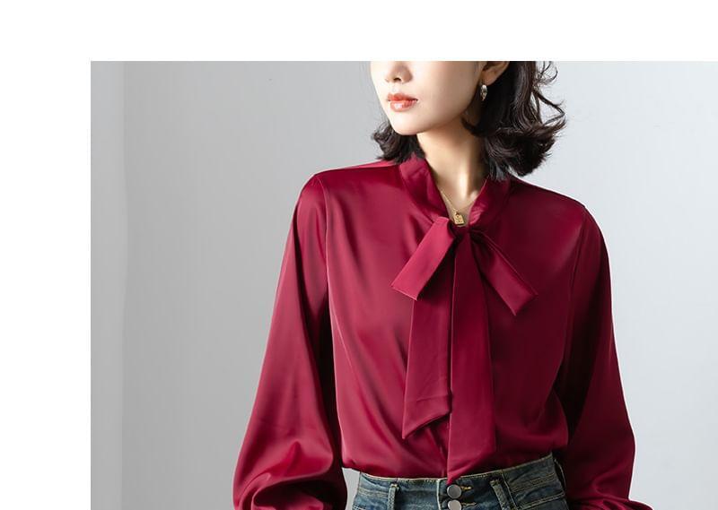 Long-Sleeve Tie-Neck Plain Button-Up Blouse Product Image