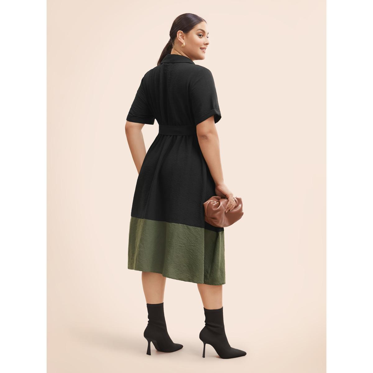Plus Size Shirt Collar Contrast Patchwork Belted Midi Dress ArmyGreen Women At the Office Belted Shirt collar Half Sleeve Curvy BloomChic 12/L Product Image