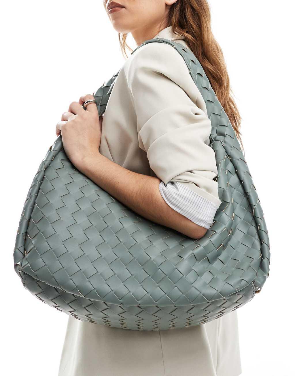 Glamorous oversized woven shoulder bag in olive green Product Image