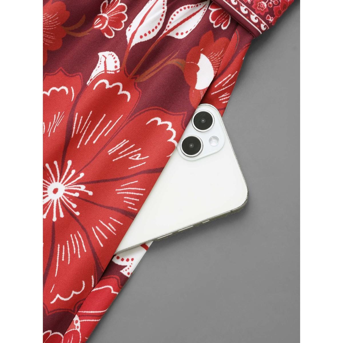Plus Size Boho Print Belted Lantern Sleeve Dress Burgundy Women Cocktail Belted Notched collar Long Sleeve Curvy BloomChic 22-24/3X Product Image