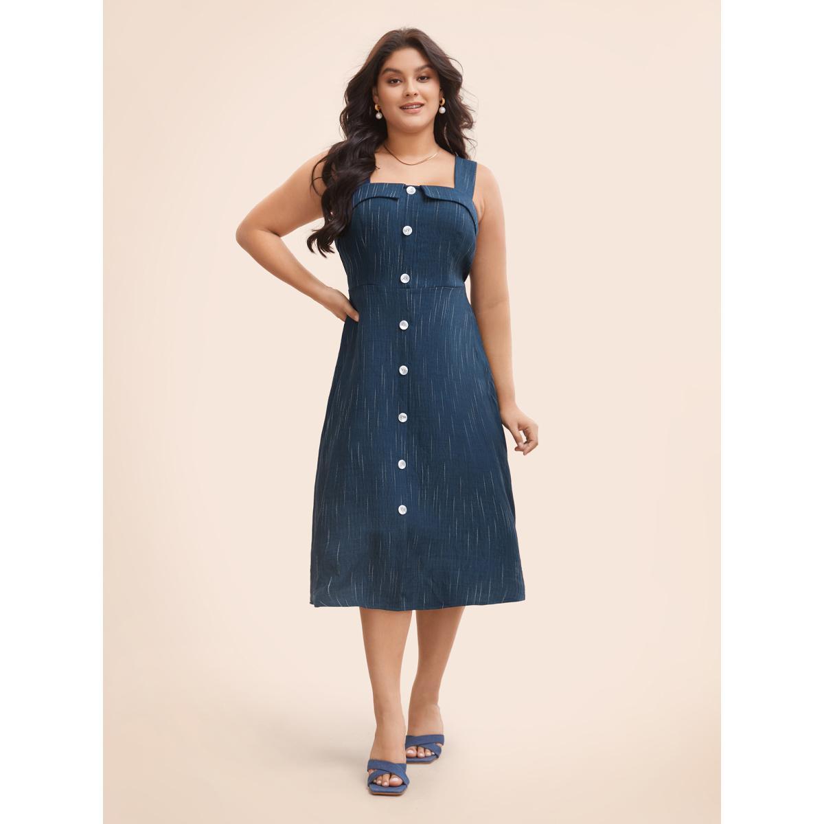 Plus Size Striped Denim Effect Print Button Detail Dress Navy Women Elegant Texture Square Neck Sleeveless Curvy BloomChic 28/5X Product Image