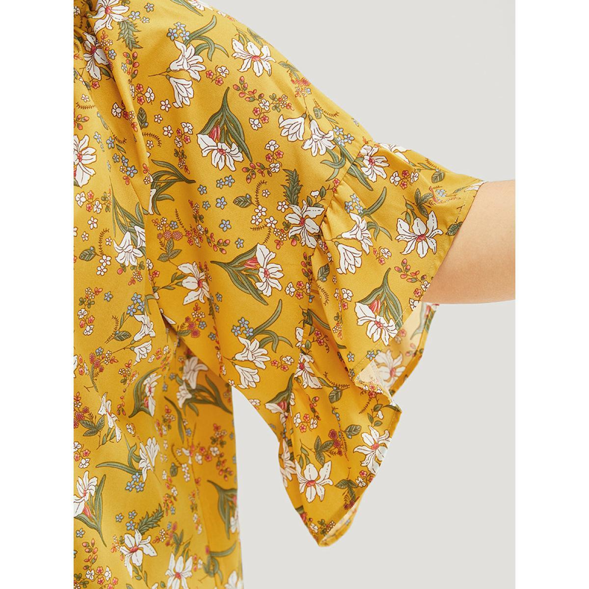 Plus Size Yellow Floral Tie Neck Tassels Frill Trim Ruffle Sleeve Blouse Women Elegant Short sleeve V-neck Dailywear Blouses BloomChic 28/5X Product Image
