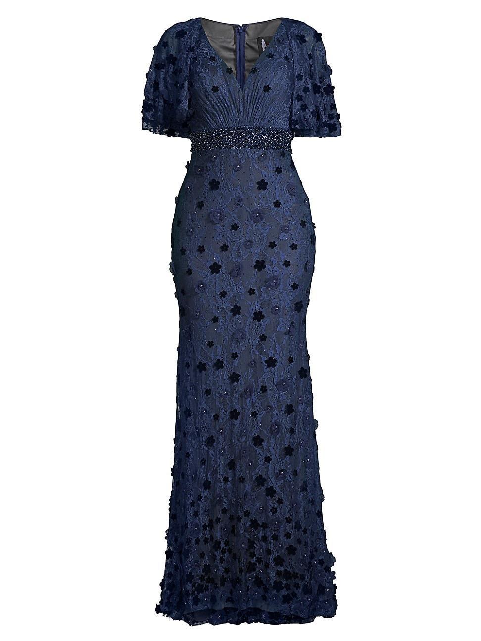 Mac Duggal V-Neck Short Flutter Sleeve Floral Pleated Cape Back Sheath Gown Product Image
