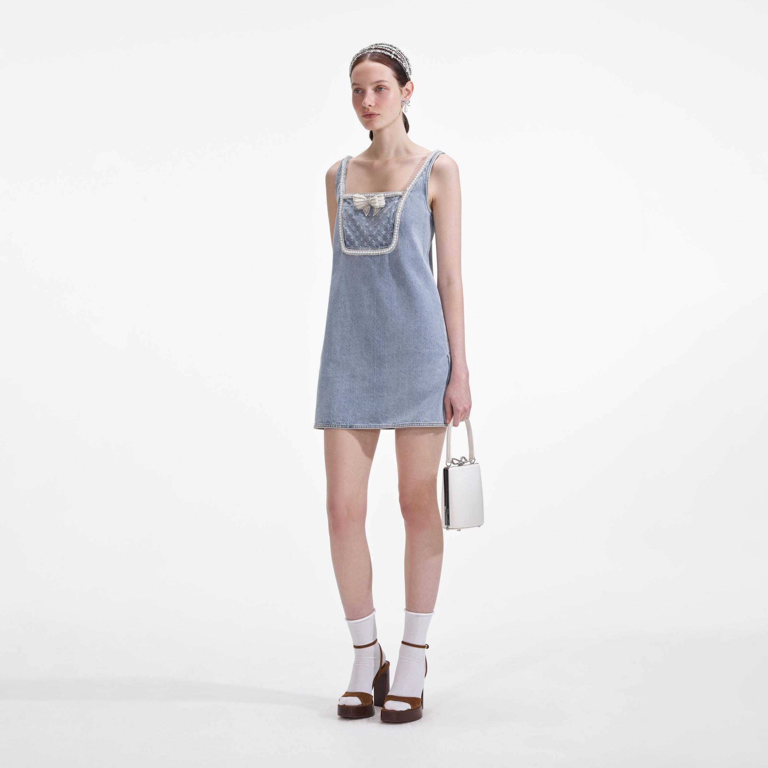 Light Blue Denim Bow Mini Dress Product Image
