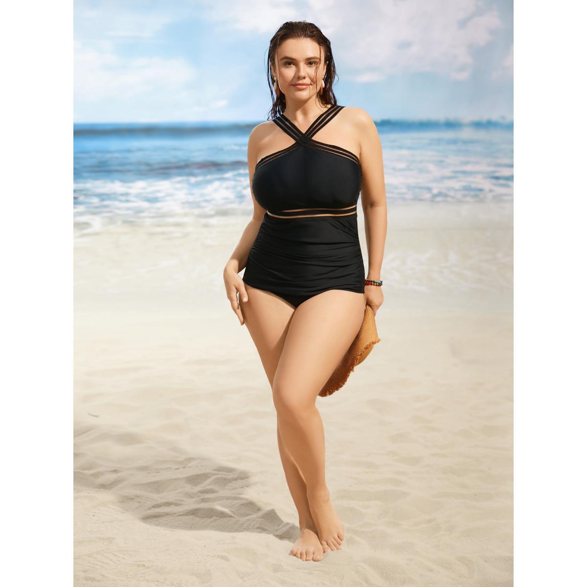Plus Size Overlap Collar Patchwork Mesh Gathered One Piece Swimsuit Women's Swimwear Black Beach Woven ribbon&lace trim Curve Bathing Suits High stretch One Pieces BloomChic 30/6X Product Image