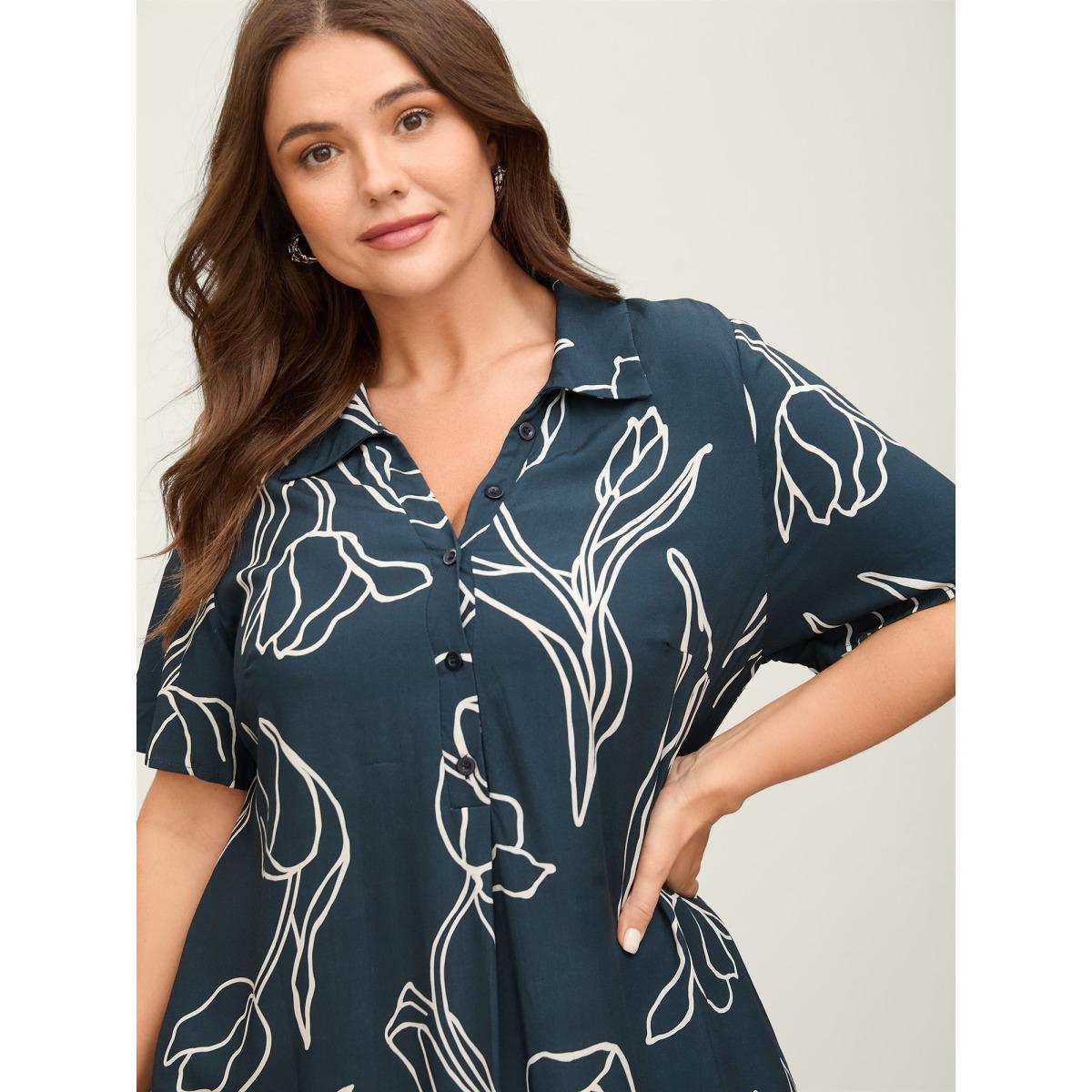 Plus Size Floral Print Cinched Flared Knee-Length Dress DarkBlue Women Shirt collar Short sleeve Curvy BloomChic 10/M Product Image