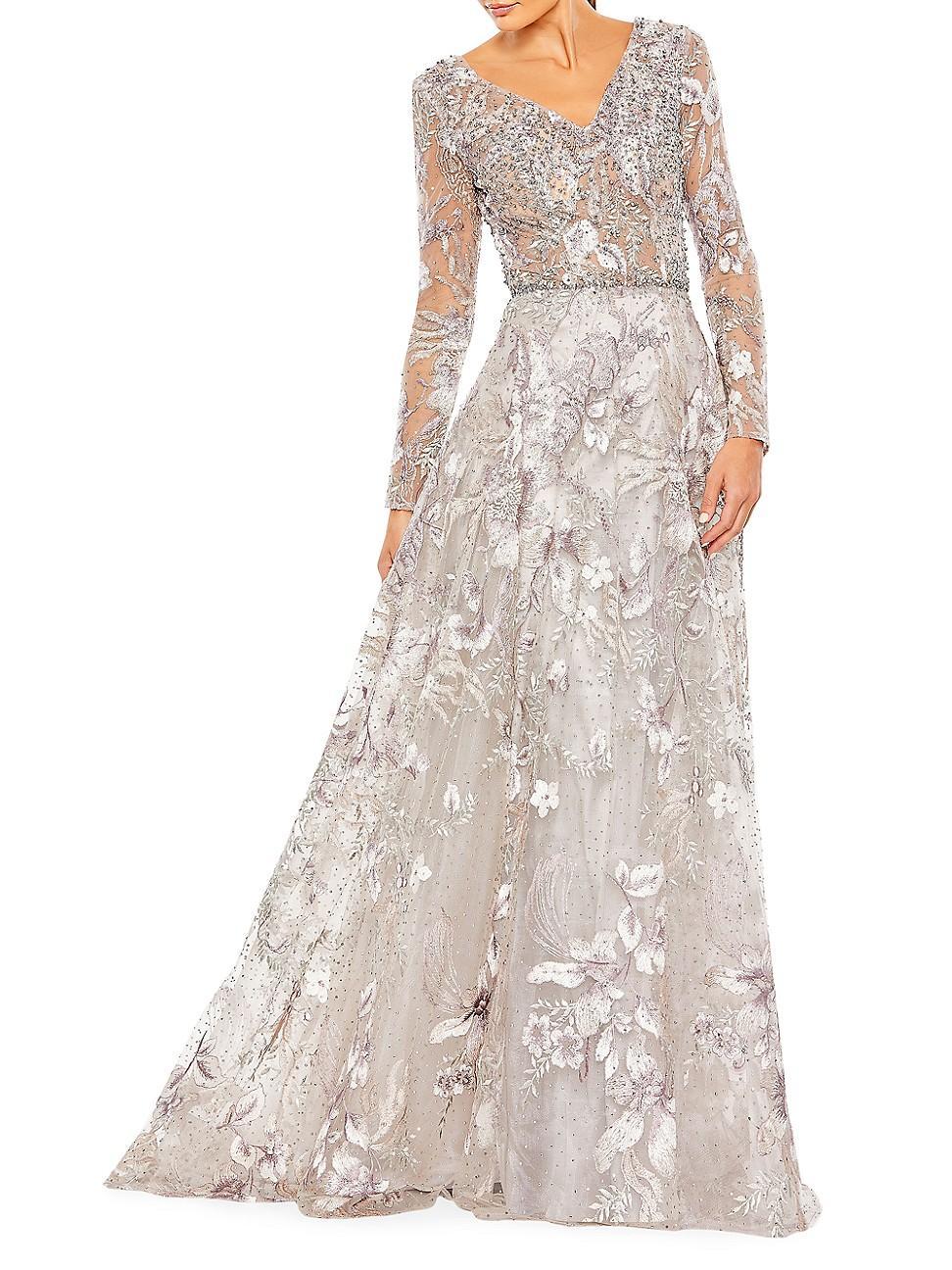Mac Duggal Beaded Sheer Long Sleeve V-Neck Illusion Ball Gown Product Image