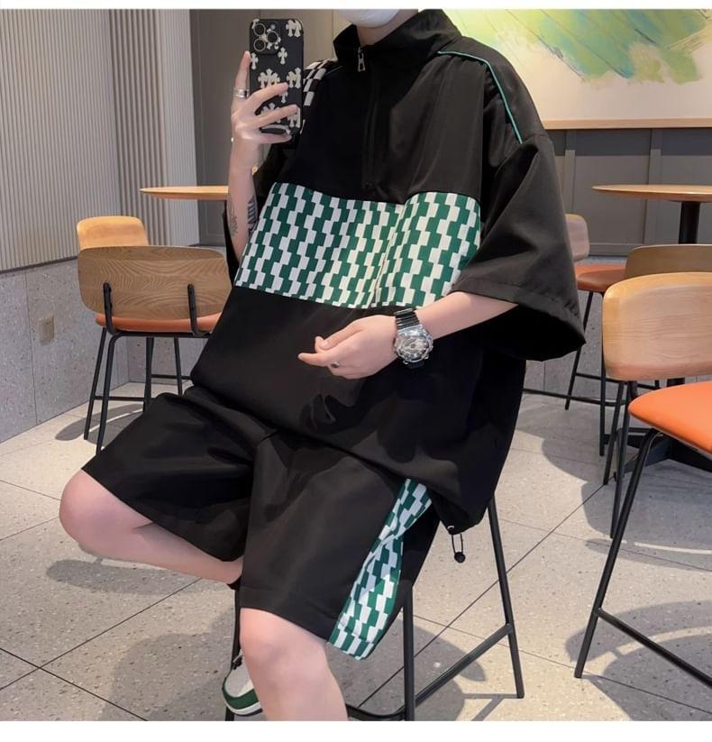 Set: 3/4-Sleeve Stand Collar Pattern Panel Contrast Trim Half-Zip T-Shirt + Mid Rise Wide Leg Shorts Product Image