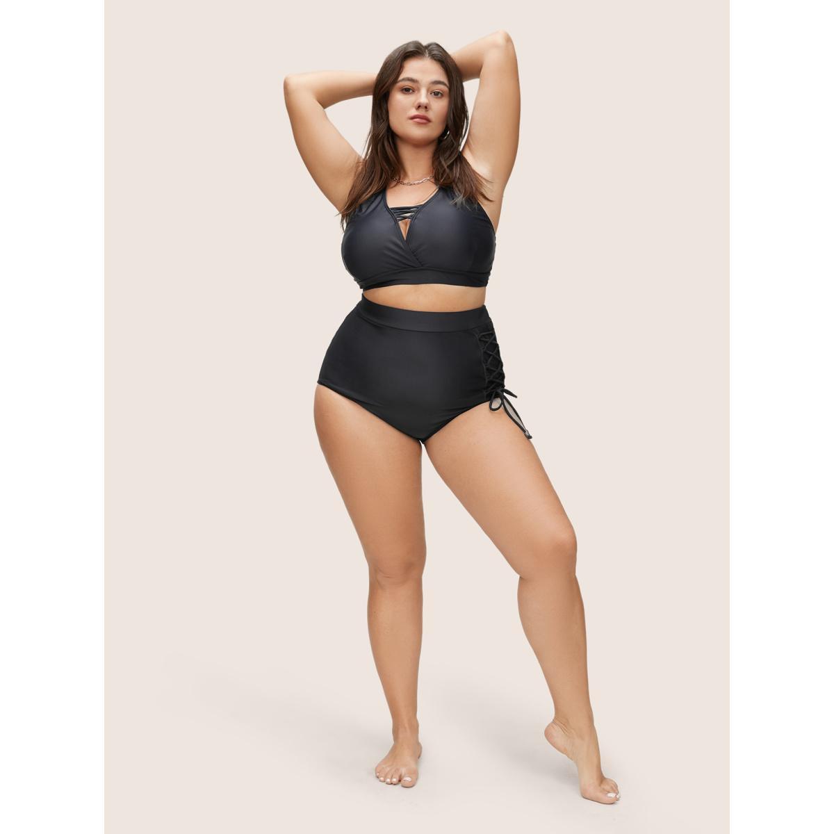 Plus Size Plain Lace Up Side High Rise Swim Bottom Women's Swimwear Black Beach Non High stretch Skinny High Rise Curve Swim Bottoms BloomChic 18-20/2X Product Image