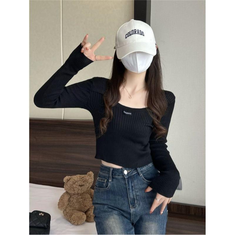 Long Sleeve Round Neck Plain Ribbed Knit Top Product Image
