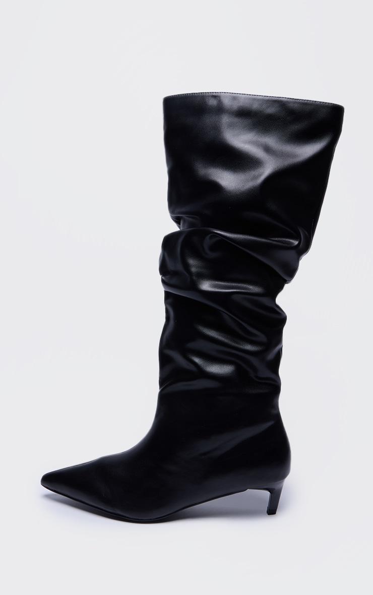 Black PU Wide Fit Gathered Low Heel Knee High Boots Product Image