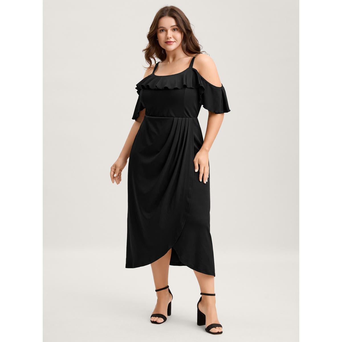 Plus Size Pleated Ruffled Off-Shoulder Midi Dress Black Women One-shoulder neck Short sleeve Curvy BloomChic 12/L Product Image