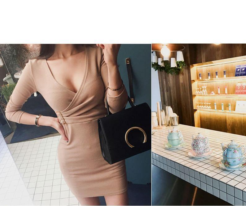 Long-Sleeve V-Neck Plain Ruched Buckled Mini Bodycon Dress Product Image