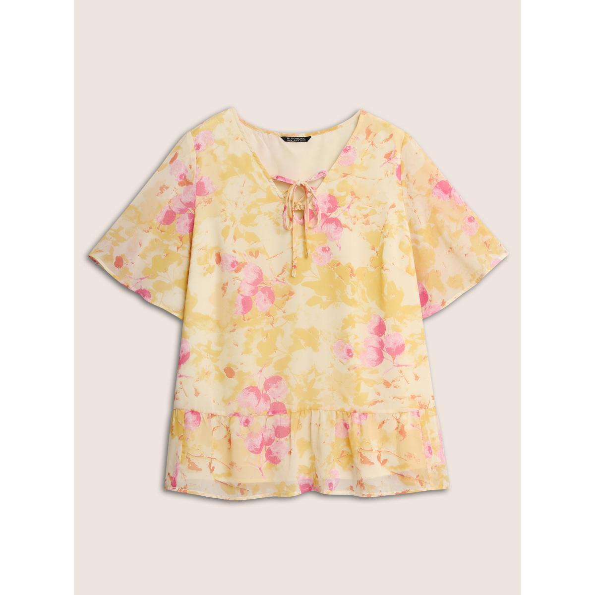 Plus Size Lightyellow Floral Flutter Sleeve Lace Up Blouse Women Elegant Half Sleeve V-neck Everyday Blouses BloomChic 14-16/1X Product Image