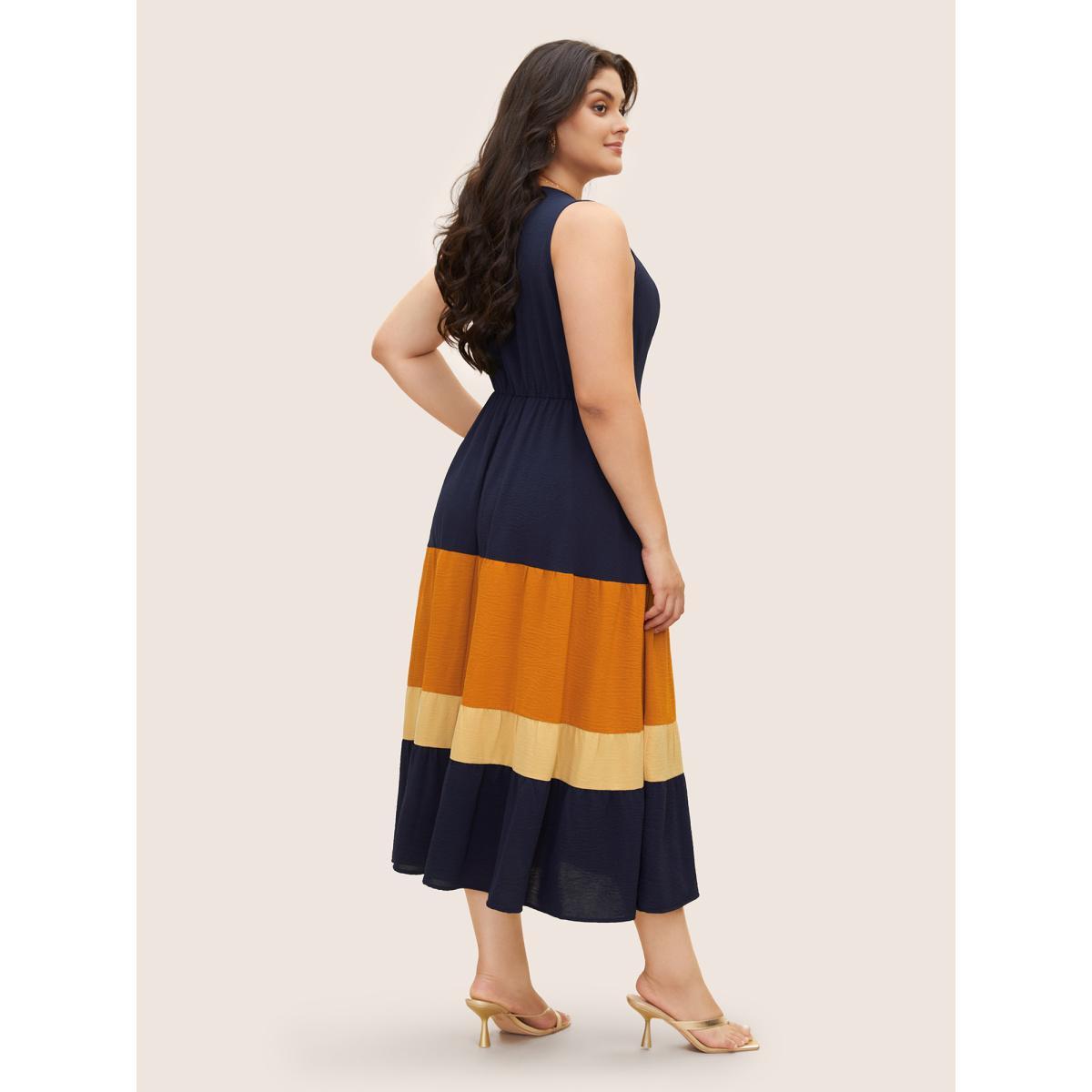 Plus Size Patchwork Contrast Overlap Collar Sleeveless Dress Indigo Women Elegant Contrast Overlap Collar Sleeveless Curvy BloomChic 12/L Product Image