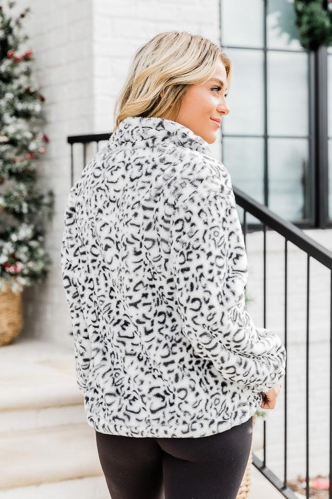 Too Much Fun Fuzzy Black And Ivory Leopard Print Quarter Zip FINAL SALE Product Image