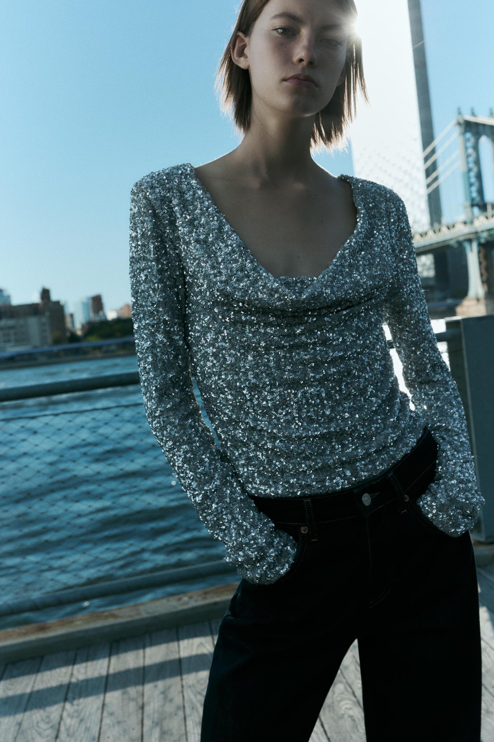 DRAPED BODYSUIT WITH SEQUINS Product Image