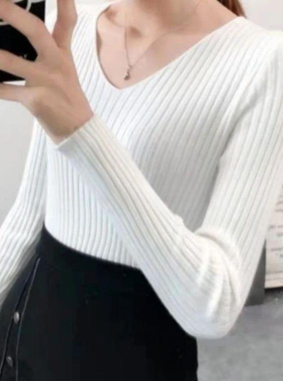 Long Sleeve V-Neck Plain Ribbed-Knit Slim-Fit Top Product Image