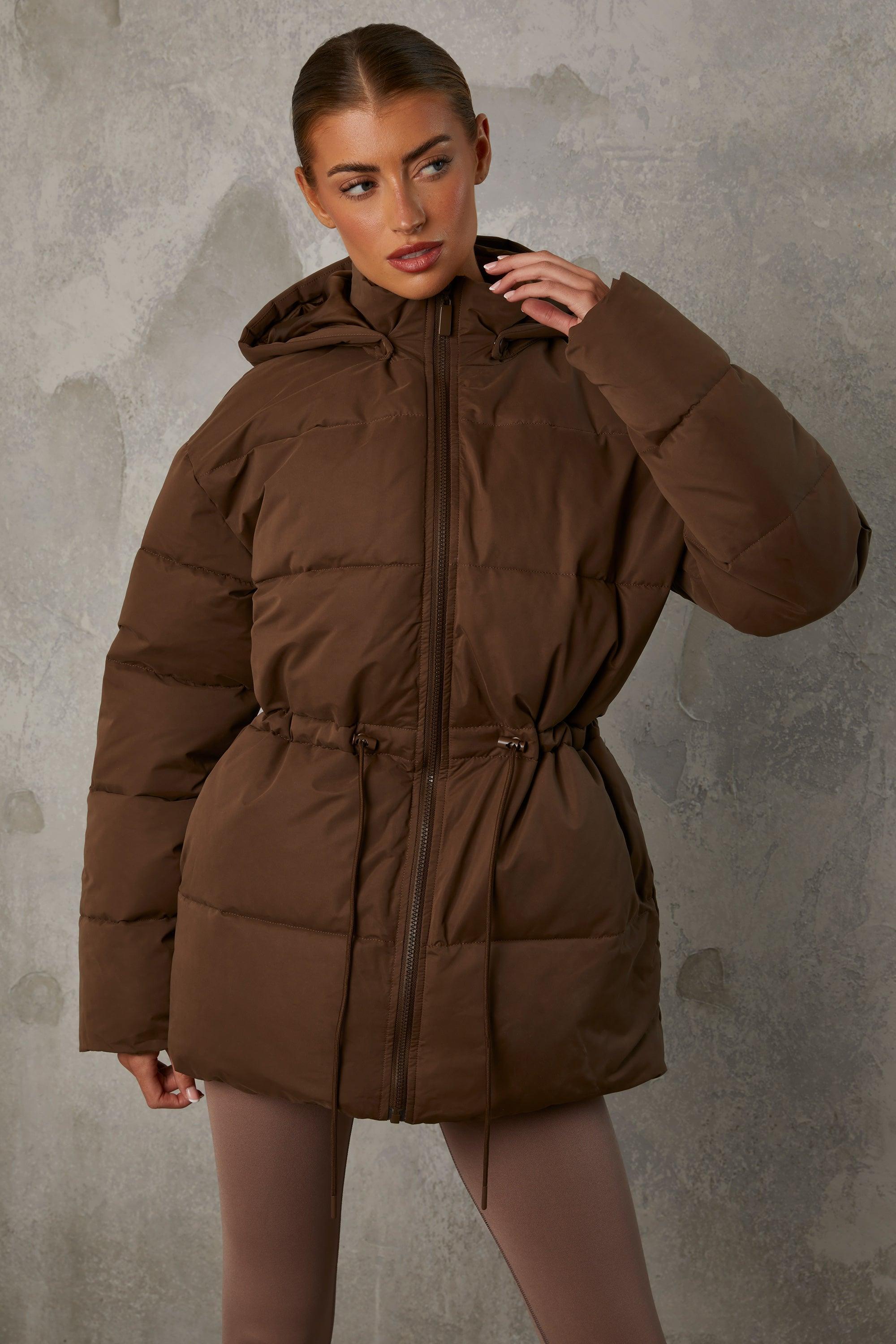 Mid Length Hooded Puffer Coat in Cocoa Brown Product Image