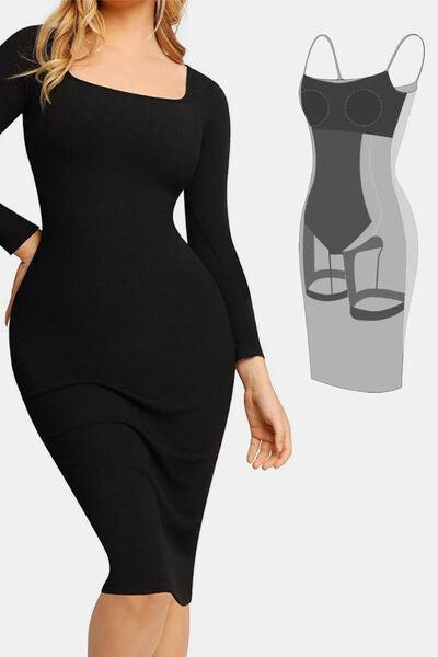 Basic Bae Full Size Built-In Shapewear Square Neck Long Sleeve Dress Product Image