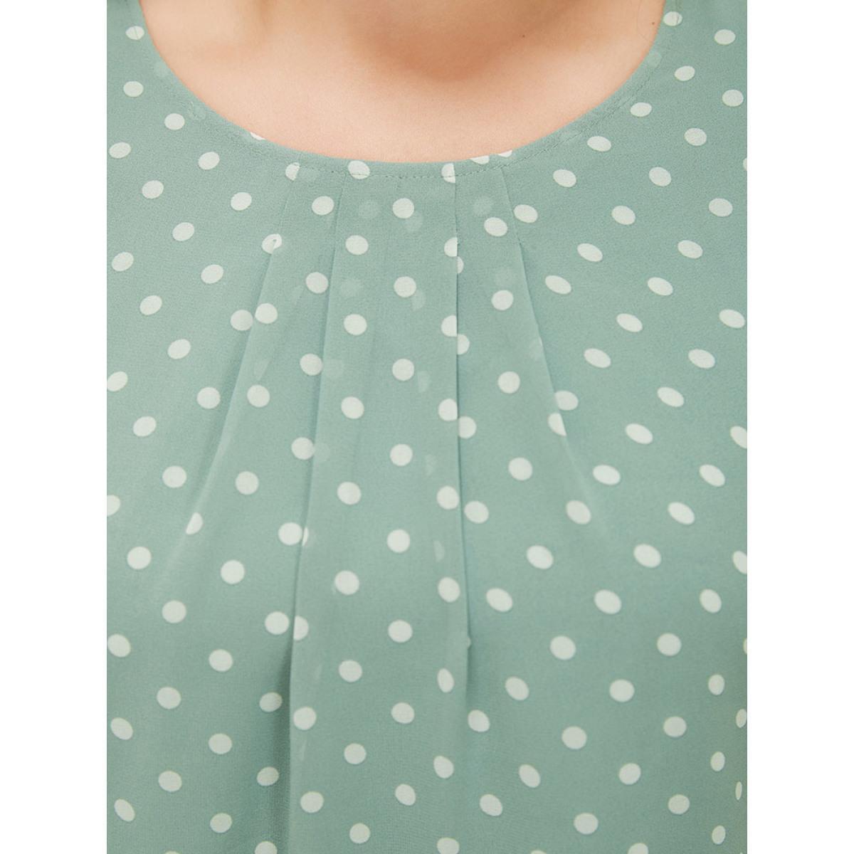 Plus Size Mint Polka Dot Pleated Button Detail Split Sleeve Blouse Women Elegant Half Sleeve Round Neck Dailywear Blouses BloomChic 28/5X Product Image