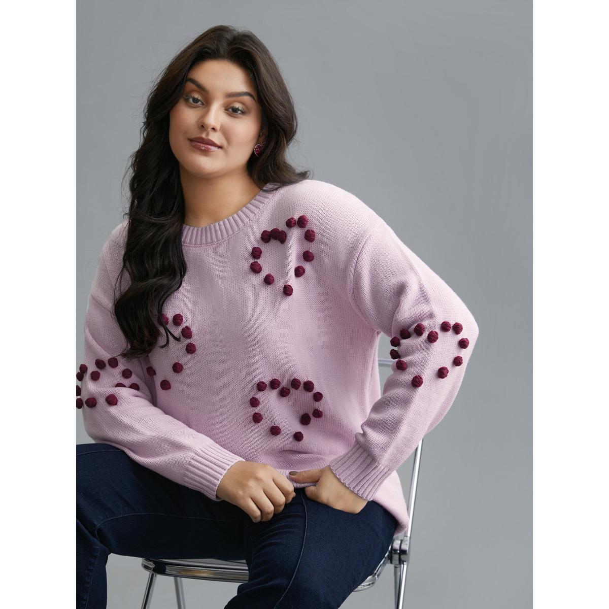 Plus Size 3D Hearts Drop Shoulder Sleeve Pullover Nudepink Women Casual Loose Long Sleeve Round Neck Everyday Pullovers BloomChic 22-24/3X Product Image