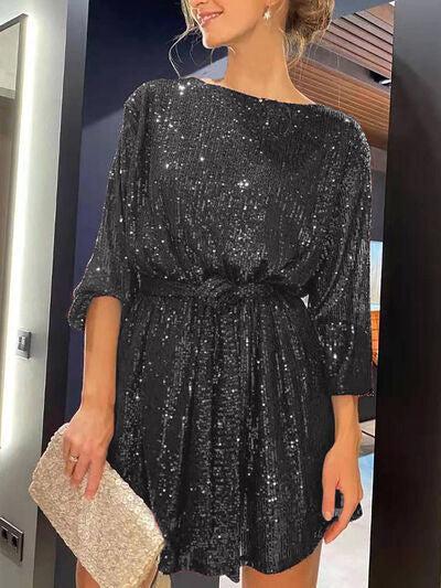 Sequin Tie Waist Long Sleeve Mini Dress Product Image