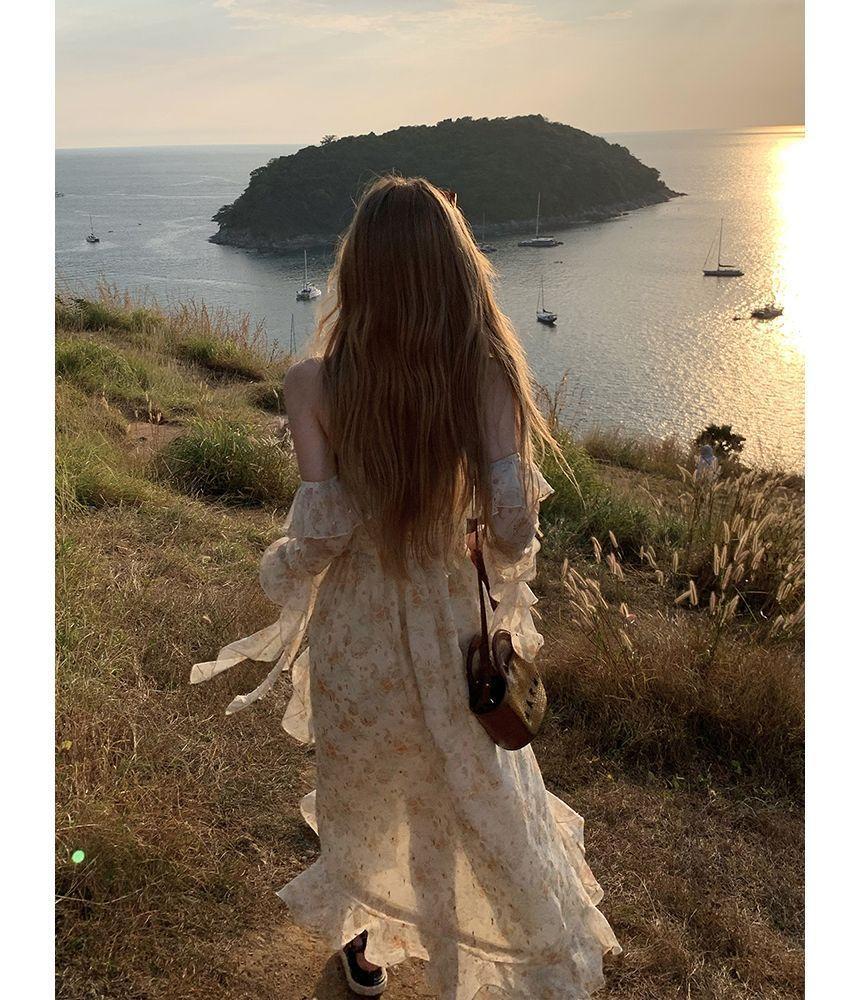 Cold-Shoulder Floral Ruffle Asymmetrical Midi Sundress Dress Product Image