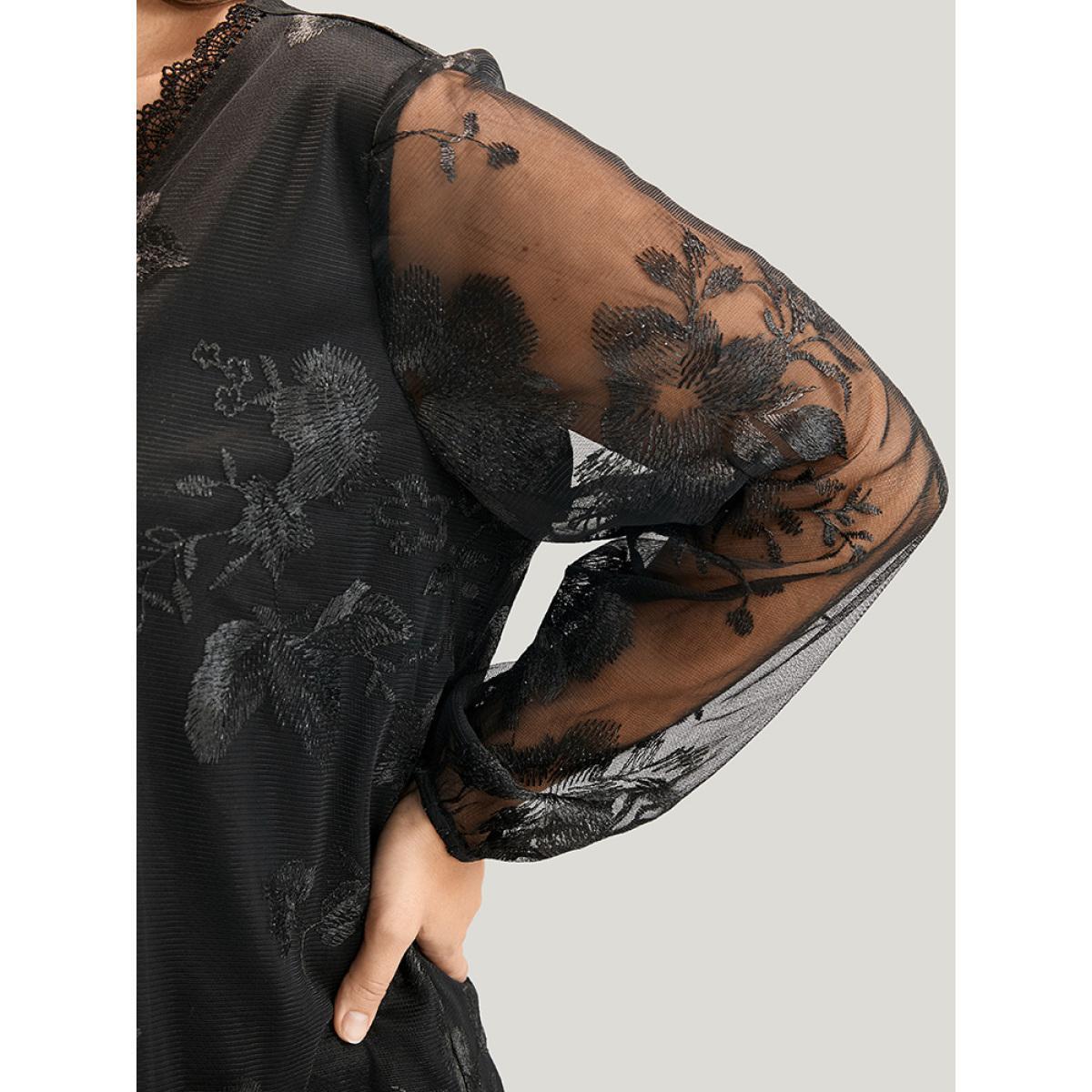Plus Size Black Floral Lace Mesh Lantern Sleeve Blouse Women Glamour Long Sleeve V-neck Going out Blouses BloomChic 28/5X Product Image