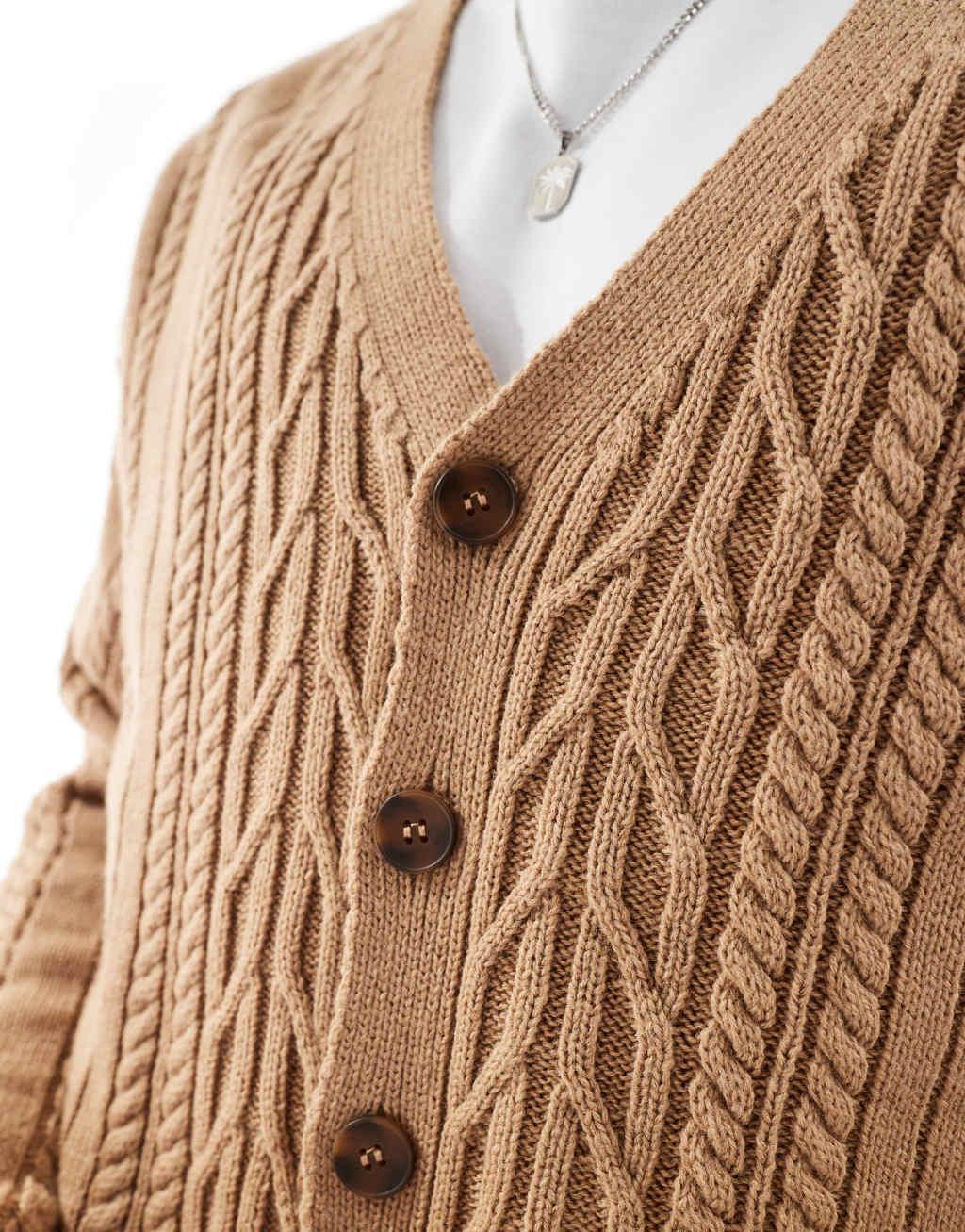 ASOS DESIGN relaxed boxy fit cable knitted cardigan in stone with ecru tipping Product Image