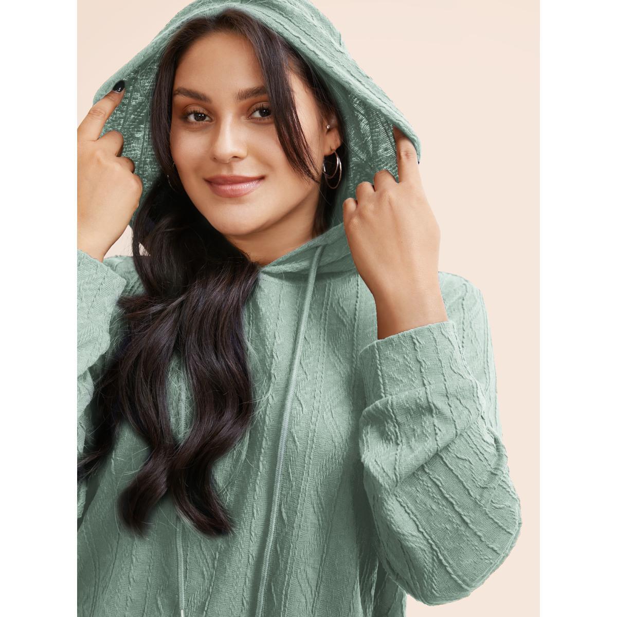 Plus Size Plain Textured Hooded Drawstring Sweatshirt Women Turquoise Casual Elastic cuffs Hooded Everyday Sweatshirts BloomChic 30/6X Product Image