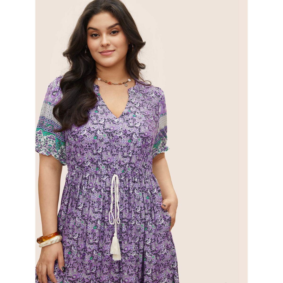 Plus Size Boho Print Notched Ties Tassel Trim Dress Lilac Women Resort Non Flat collar with V-notch Short sleeve Curvy BloomChic 26/4X Product Image