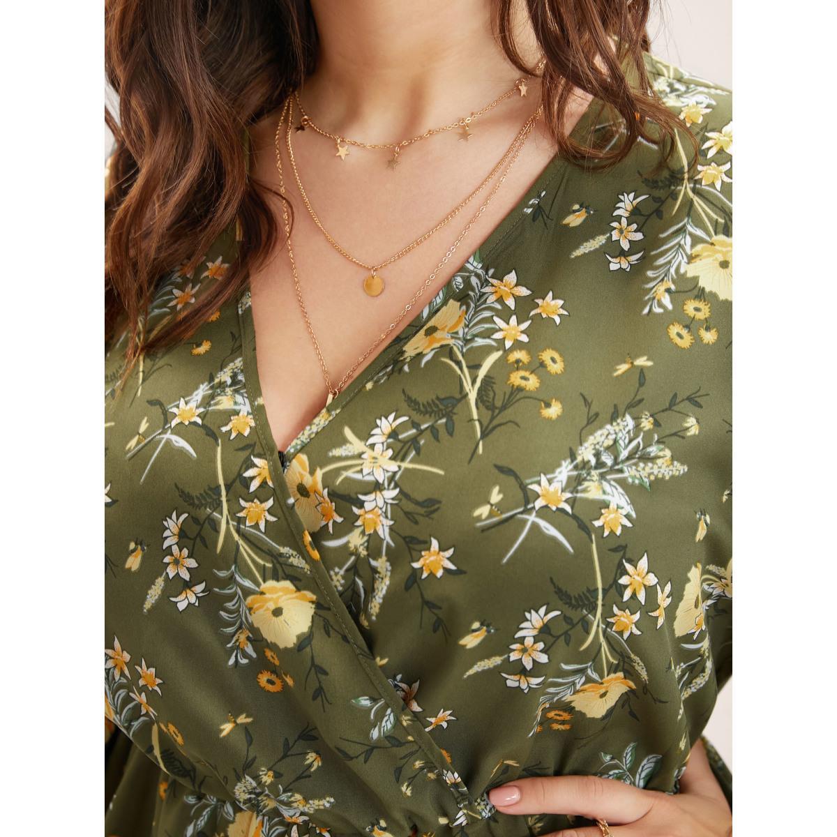 Plus Size Moss Floral Print Ruffles Surplice Neck Blouse Women Elegant Half Sleeve V-neck Everyday Blouses BloomChic 26/4X Product Image